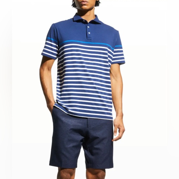 Peter Millar Golf Athena Striped Short Sleeve Polo Shirt Navy White sz L - Picture 4 of 15